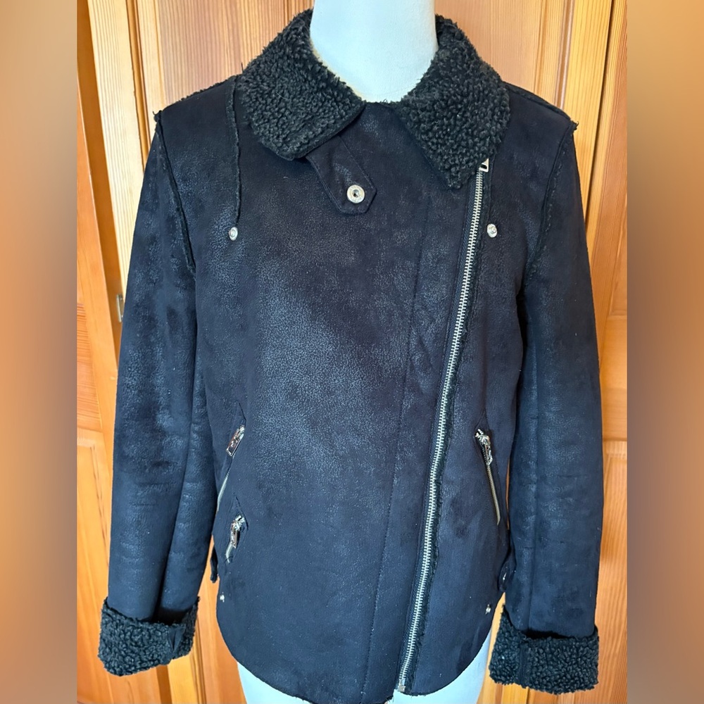 American Eagle Outfitters Faux Suede & Faux Shearling Charcoal Moto Jacket Sz S - Picture 4 of 12